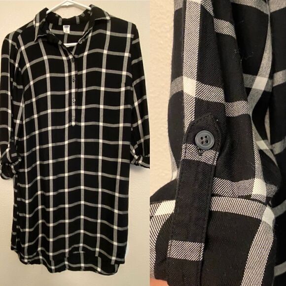 Old Navy woman’s black white Plaid Flannel tunic button pullover shirt dress S - Picture 1 of 10
